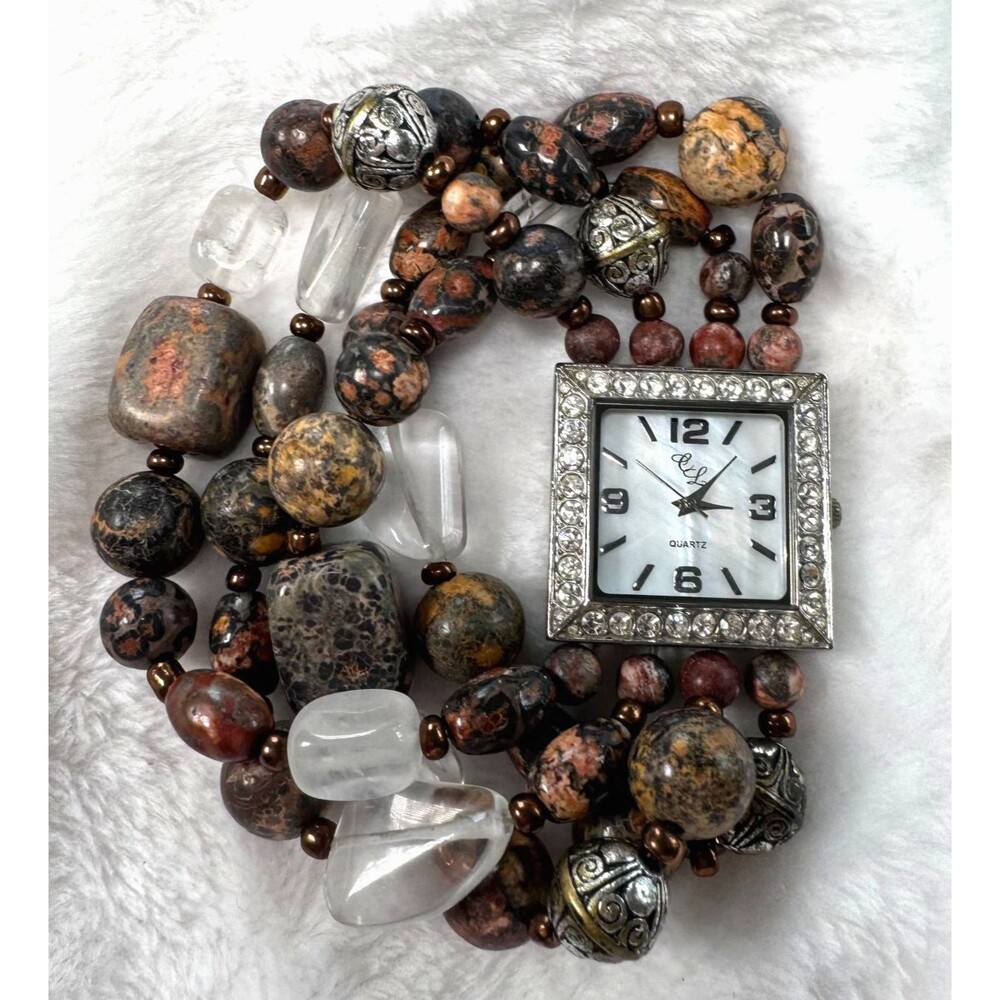 Chunky Boho Beaded Bracelet Watch Leopard Jasper Crystal Quartz, Colleen Lopez